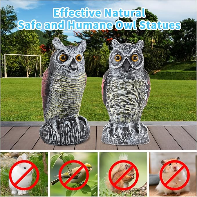 Hedoc 2 Pack Fake Owl Decoys to Scare Birds Away from Gardens and Rooftop, Long-Eared Owl Bird Deterrents, Nature Scarecrow Plastic Owls Pest Repellent, Owl Statue for Garden Decor, Yard Decoration