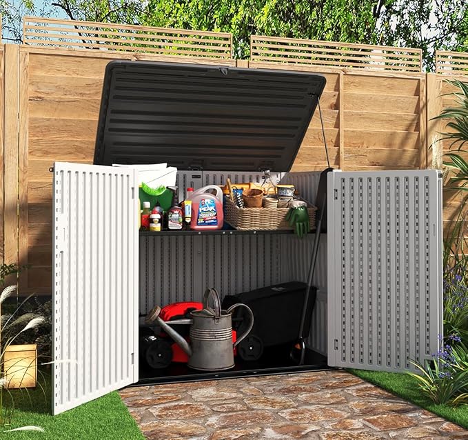 KINYING Horizontal Outdoor Storage Shed,47 Cu.ft Resin Outdoor Storage Cabinet Waterproof for Garden/Patio/Backyards