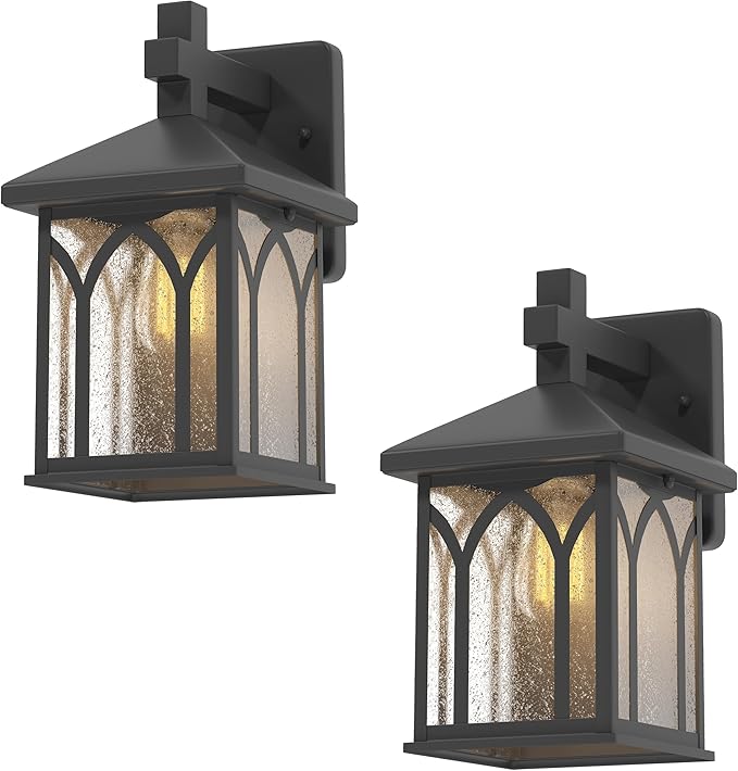 Inlight 11 4/5" High Black Finish and Seeded Glass Outdoor Wall Lantern (Set of 2), Bulb Not Included, IN-0603-1-BK