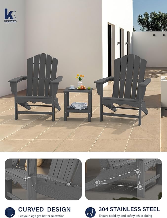 KINGYES HDPE Adirondack Chair Set of 2, Classic Oversize Adirondack Chair, Grey