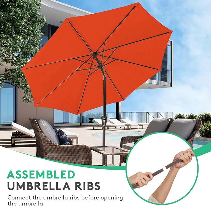 JEAREY 10FT Outdoor Patio Umbrella Outdoor Table Umbrella with Push Button Tilt and Crank, Market Umbrella 8 Sturdy Ribs UV Protection Waterproof for Pool, Garden (Orange Red)