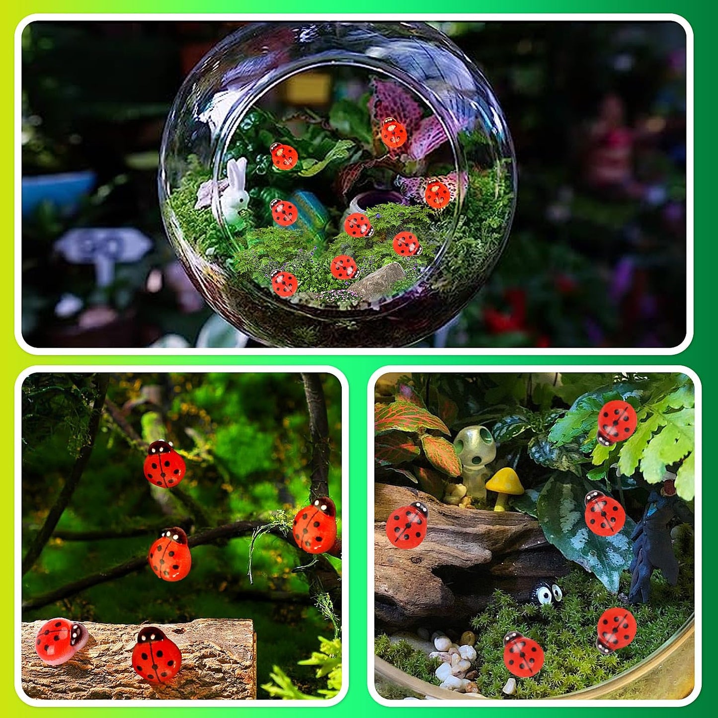 KIMOBER 100PCS Mini Luminous Ladybug Miniature Figurines,Glow in Dark Resin Animals Ladybug Figures for Fairy Garden Micro Landscape Decor Cake Topperr
