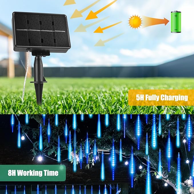 Meteor Shower Lights 20 Tubes 16 Inch 720 LED Solar Christmas Lights Outdoor Waterproof, Snow Cascading String Lights for Outside Christmas Halloween House Tree Decoration, Blue