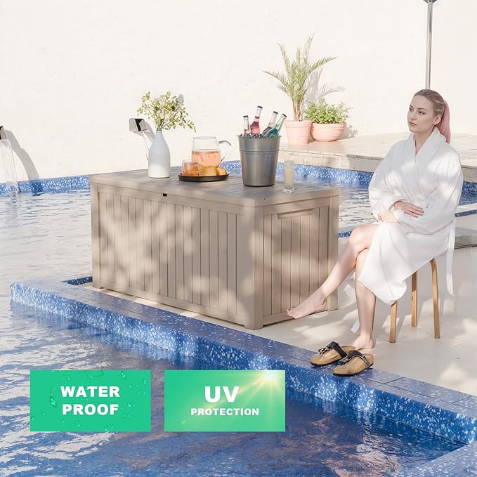 180 Gallon Outdoor Deck Box,Storage Lockable Waterproof Patio Furniture,Garden Tools,Cushions,Pool Accessories Outside Storage Resin Box(Grey)