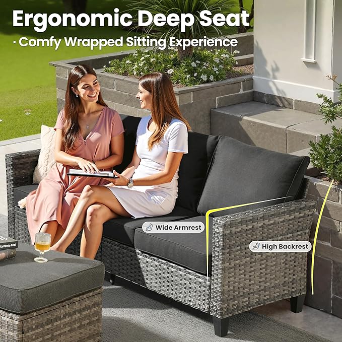ovios 7 Pieces Patio Furniture Set with 54" Fire Pit Table, Outdoor Wicker Sofa with Comfy Cushions, All Weather High Back Rattan Couch Conversation Set, Black