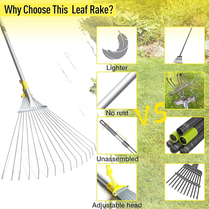 JARDINEER Adjustable Rakes for Leaves, Larger Garden Leaf Rake for Lawns Grass with 7-23" Expandable Head, Yard Collapsible Rake for Camping (64 inches)