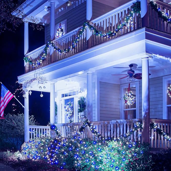 JMEXSUSS 2 Pack Blue and White Solar Christmas Lights, Each 33FT 100 LED Solar String Lights Outdoor Waterproof, 8 Modes Mini Fairy Lights for Outside Yard Patio Christmas Decorations