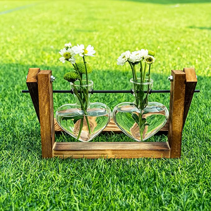 Kingbuy Glass Desktop Planter with Retro Wooden Stand and Plant Terrarium Vase (2 Hearts) for Indoor Home Office Desk Decor Accessories