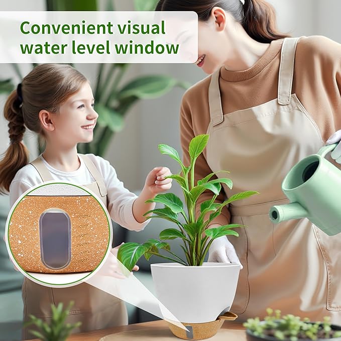 12/10/9/8 inch Self Watering Pots with Visual Water Window, Extra Large Self Watering Plant Pot with Drainage Holes and Saucers, White Flower Pots for Indoor Plants