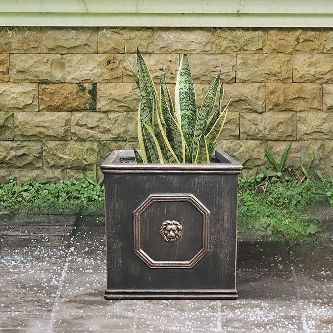 Kante Square Lion Head Concrete Planter, Classic English Style Plant Pot with Drainage Hole and Rubber Plug for Indoor Outdoor Garden Patio Home, 12.6"x12.6"x12.6" Metallic Chestnut
