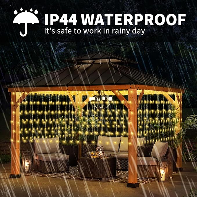 32.8 * 3.28FT Large Size Solar Curtain Lights Outdoor, 8 Modes Icicle Lights, Garden Christmas Decortions for Patio, Gazebo, Eaves, Fence, Tree, Porch (Warm White)