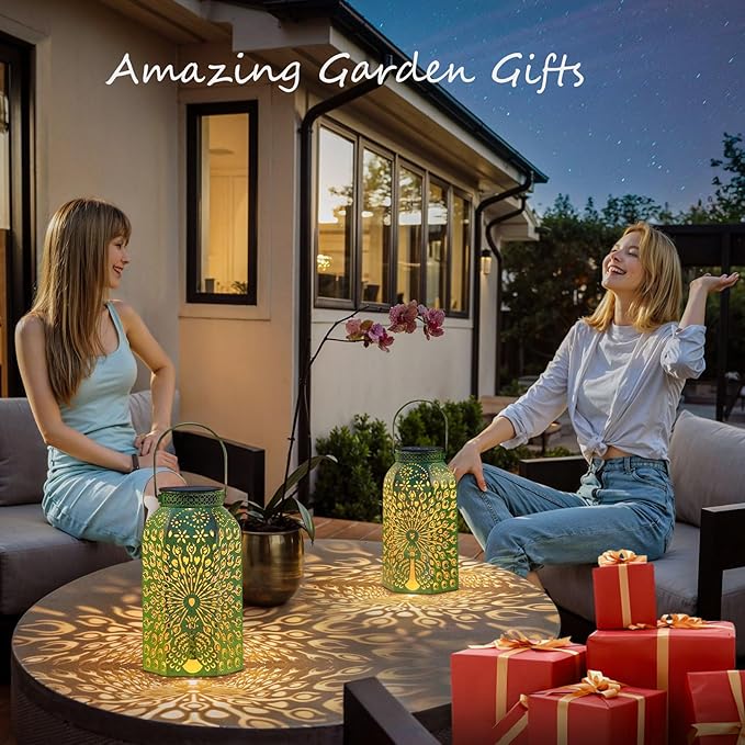 Homeimpro Outdoor Solar Lanterns Waterproof Peacock Gardening Gifts for Women, Big Solar Garden Decor, Yard Art, Outside, Patio, Birthday Mothers' Day Gifts Mom Grandma (2Pack, Antique Green)