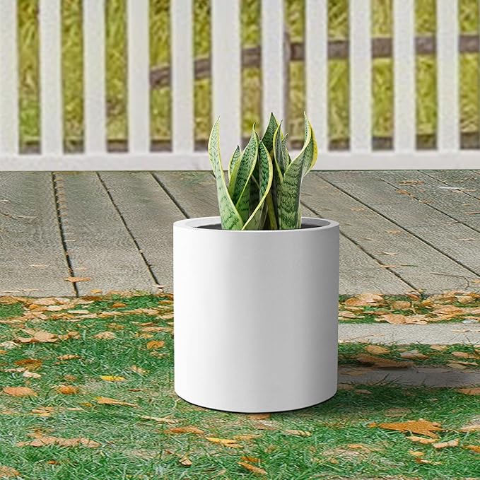 Kante 9.8" Dia Round Concrete Planter, Modern Style Large Cylindrical Plant Pot with Drainage Hole and Rubber Plug for Indoor Outdoor Patio, Pure White
