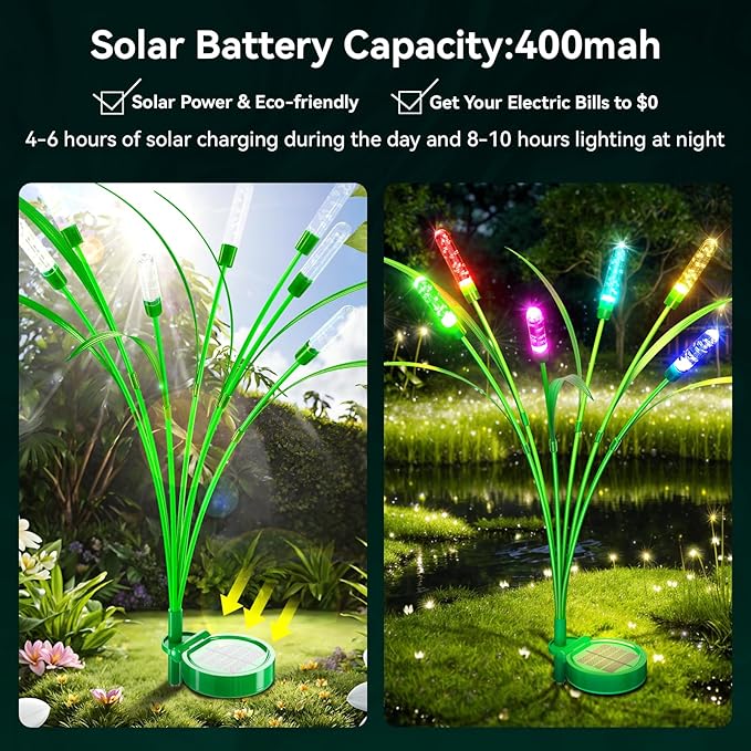2 Packs Reeds Solar Garden Light With Multiple Color Gradients, 30 Inch, 12 Bulbs, Intelligent Control System, IP65 Waterproof, Outdoor Solar for Decorating Pathway