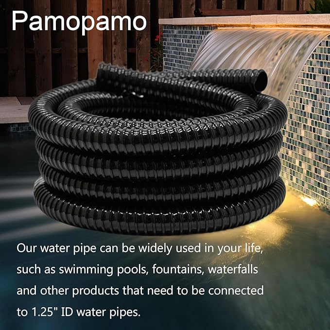 1.25 Inch Pond Tubing, 1-1/4 Dia ID Corrugated Water Pipe, 20 Feet Length Flexible PVC Hose Pipe with Pipe Fittings, Aquarium, Pond Waterfall, Garden Pond Pump Drainage Tube Black