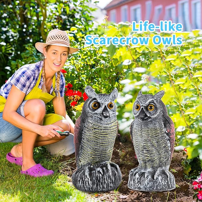 Hedoc 2 Pack Fake Owl Decoys to Scare Birds Away from Gardens and Rooftop, Long-Eared Owl Bird Deterrents, Nature Scarecrow Plastic Owls Pest Repellent, Owl Statue for Garden Decor, Yard Decoration
