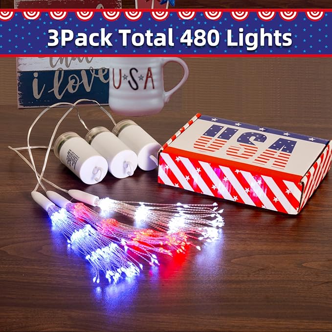 3 Pack 4th of July Lights Decorations 480 LED Remote&Time 8 Light Mode Red White and Blue Firework Lights Battery Operated, American Flag Patriotic Memorial Day Independence Day Outdoor Decor