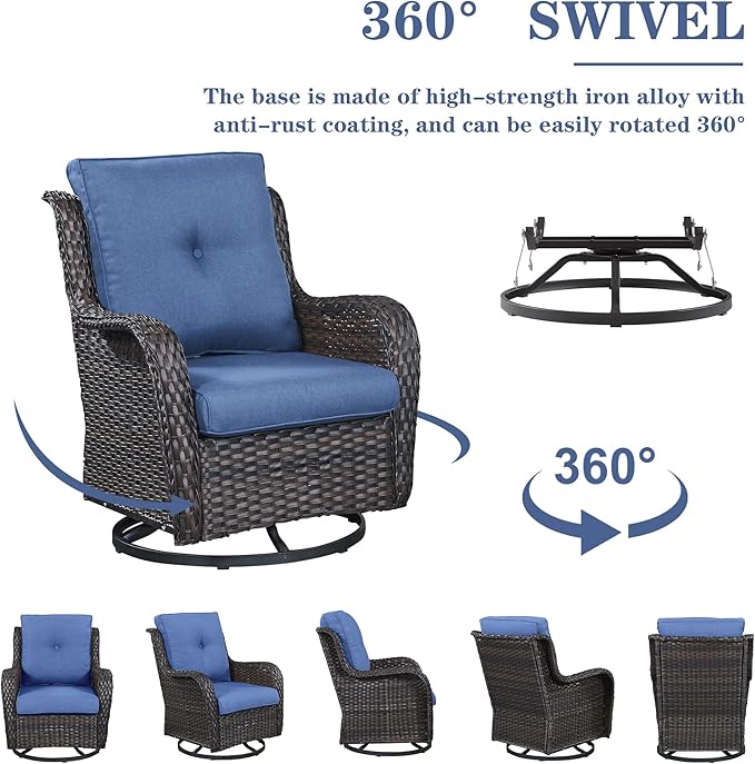 Outdoor Sectional Sofa Furniture Set with Propane Fire Pit Table, Wicker Patio Conversation Set with 2 Swivel Glider Rocker Chairs Blue Cushion Perfect for Backyard Casual Gathering