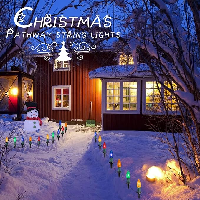 C9 Christmas Pathway Lights Outdoor, 25.7 Feet 20 LED C9 Strawberry Walkway Lights with Marker Stakes, Connectable Shatterproof C9 String Lights for Outside Yard Decorations, Multicolored, 2 Pack