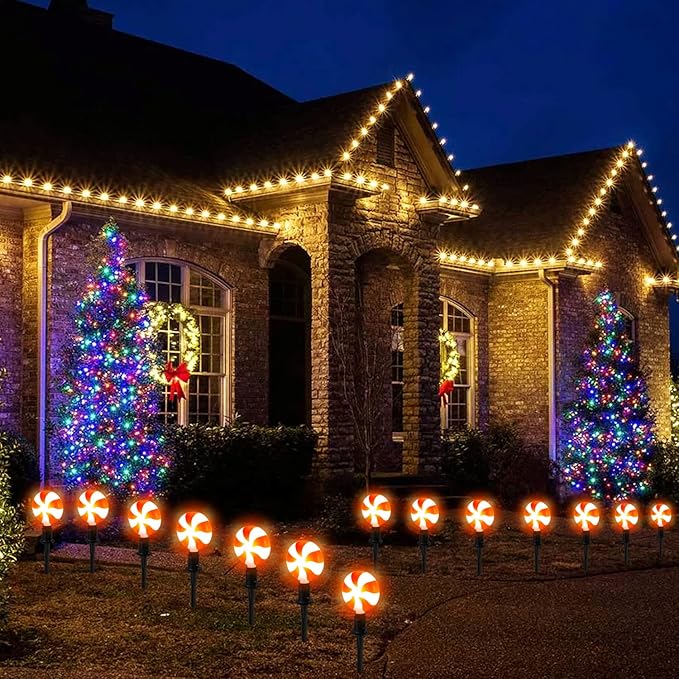 Joiedomi Set of 14 Christmas Lollipop Pathway Lights Outdoor with Stakes and Clips, 14.3 FT Plug in Peppermint Walkway String Lights for Christmas Decoration, Yard, Pluggable, Hangable, Waterproof