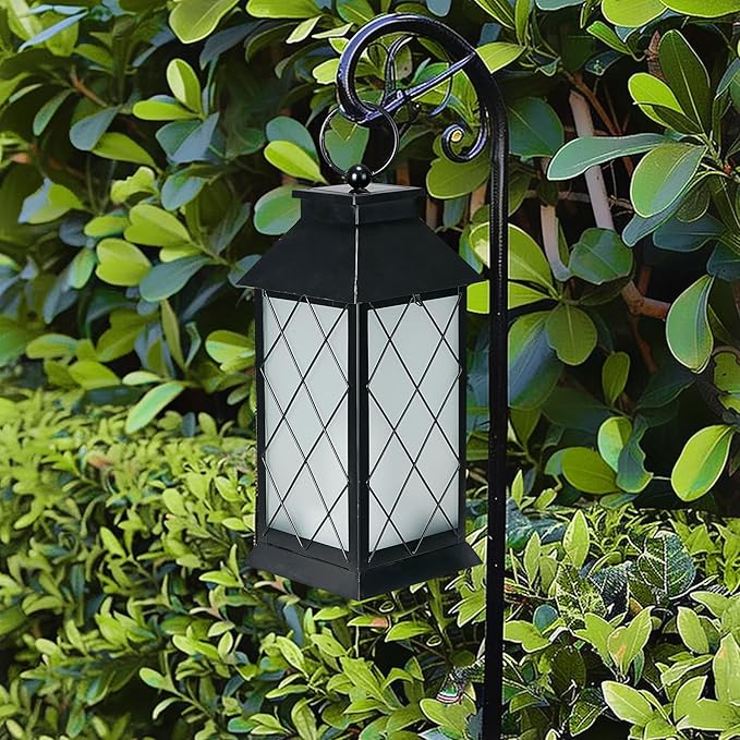 18" Solar Lanterns Outdoor Waterproof, Glass Solar Flickering Flame Lantern Large Hanging Solar Lantern Metal Decorative for Patio Garden Backyard Outside Tabletop (Vintage Black)
