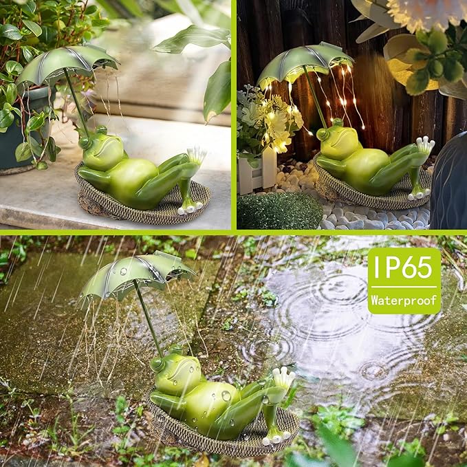 Frogs Garden Outdoor Decor Statue - Solar Frog Umbrella Pond Statues LED Waterproof, Resin Cute Animal Sculpture Lights, Ideal Ornament for Yard Lawn Patio, Women/Gardening Decoration Gifts