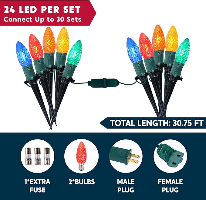 JOIEDOMI 30.75FT C9 Christmas Pathway Strawberry Stake Lights 24 LED, Multicolor Outdoor Faceted Walkway Decor with Marker Connectable for Holiday Xmas Yard Garden Lawn