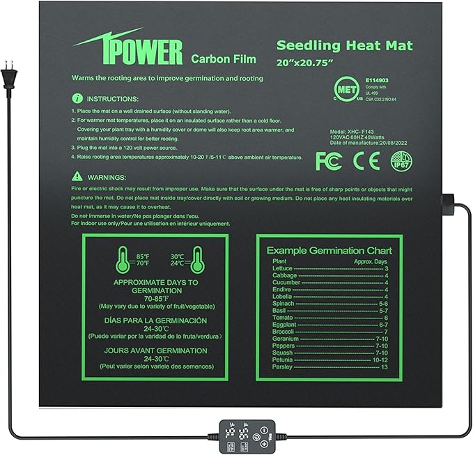 iPower 20"x20.75" Seedling Heat Mat with Built-in Temperature Controller, MET Certified Waterproof Plant Heating Pad, for Germination, Breeding, Brewing