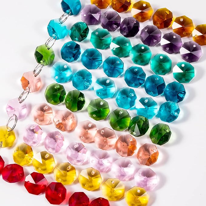 100 Pcs Glass Octagon Crystal Beads 14mm Colorful Crystal Chandelier Parts Replacement Beads DIY Lamp Hanging Pendant Suncatcher Beads