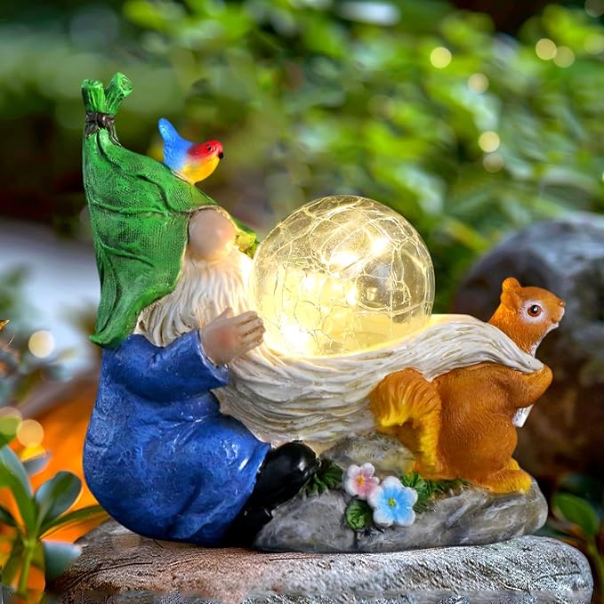 Garden Gnomes Statue Outdoor Decor,Solar Gnome Statue for Outside -Resin Blue Gnome Yard Art Gifts for Mom,Grandmam Birthday Gift