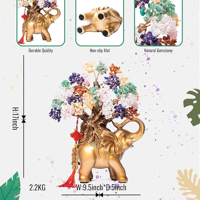 7 Chakra Crystal Money Tree on Gold Elephant Statue, 17”Large Gemstone Bonsai Tree of Life Home Décor Gifts for Wealth Positive Energy, Feng Shui Décor