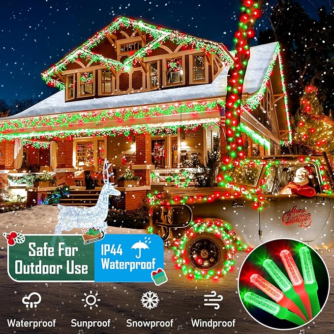 Heceltt 1600 LED 630 FT String Lights Outdoor, 8 Modes Christmas Lights Plug in, Waterproof Led String Lights with Timer and Memory for Christmas Home Party Tree Decorations (Red and Green)