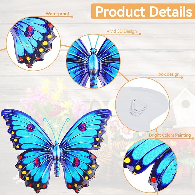 ULENDIS Metal Butterfly Wall Decor, 9.6" 3D Outdoor Fence Wall Art Decor, Hanging Decoration for Garden Backyard Living Room Balcony Patio Indoor, Gift for Mom Kids Family Friends(4 Pack)