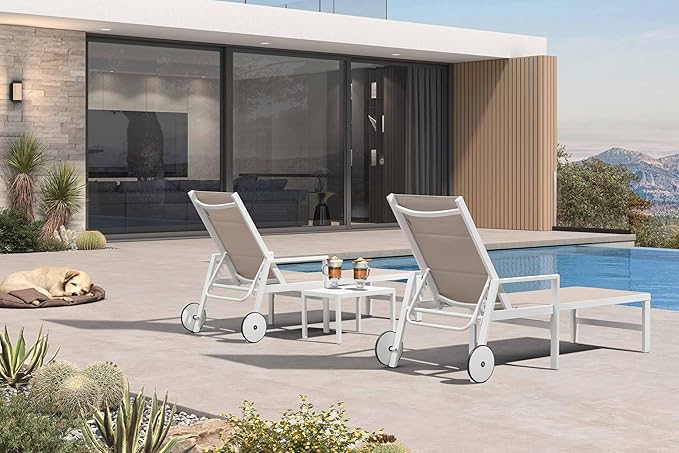 PURPLE LEAF Outdoor Chaise Lounge Set Adjustable Sunbathing Recliner with Armrest and Side Table for Poolside Beach Outside Patio Aluminum Chaise Lounger Khaki