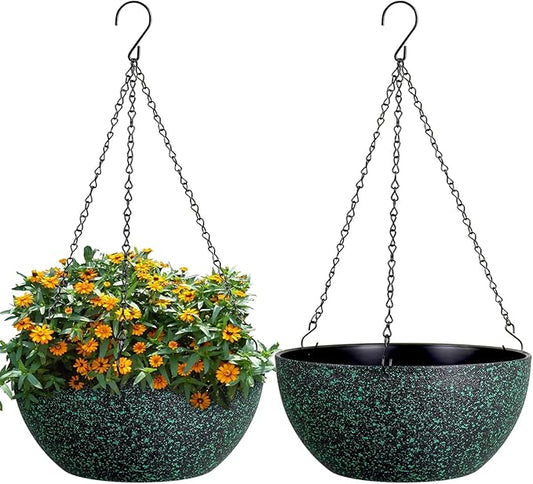 13inch Large Hanging Planters Pots for Outdoor Indoor Plants with Drainage Holes and Chain, 2pack Round Hanging Flower Pots for Garden Home Porch Decor, Black with Green Speckles