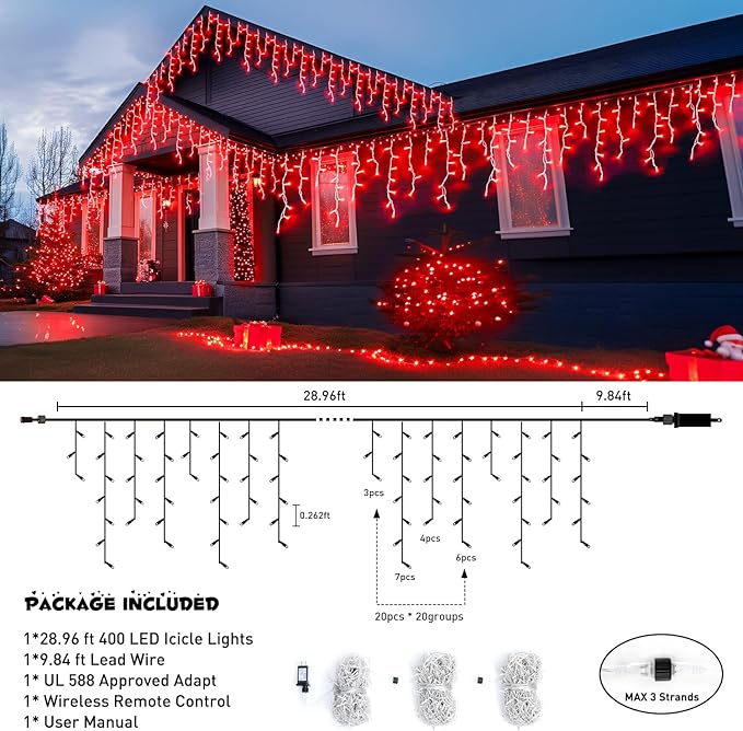 JMEXSUSS 400 LED Red Icicle String Lights, Connectable Red String Lights Indoor Outdoor with Remote, Red Christmas Lights for Room Fireplace Christmas Valentine Decorations, EXS-I-0400-R