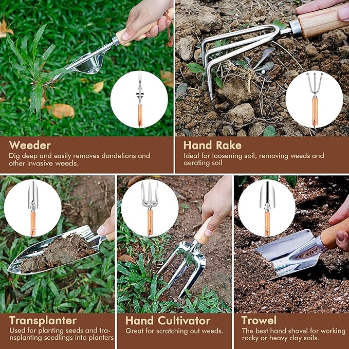 Gardening Tools - YAUNGEL 10 Pcs Garden Tool Set, Heavy Duty Stainless Steel Gardening Supplies Hand Tools with Wooden Handle, Storage Tote Bag, Ideal Gardening Gifts for Women and Men, Pink