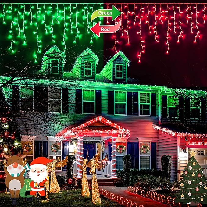 JMEXSUSS 400 LED Christmas Icicle Lights Outdoor, Red & Green Halloween Icicle Lights Clear Wire,Connectable String Lights Plug in for Christmas Party Outdoor Eaves Home Xmas Decorations