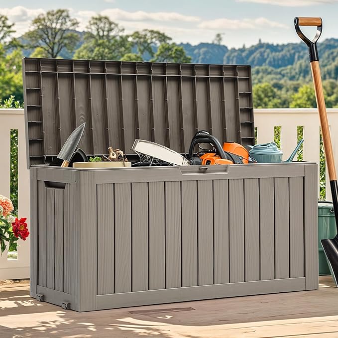 YITAHOME 72 Gallon Outdoor Resin Deck Box with Wheels, Pool Storage Box for Outdoor Cushions, Sports Equipment, Garden Tools, Light Brown