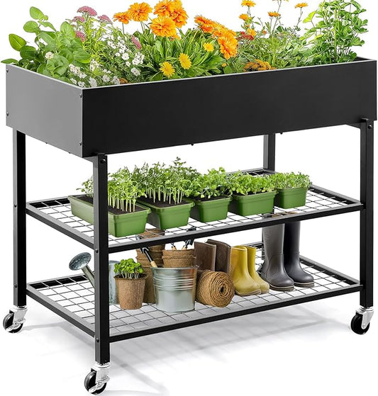 KING BIRD Raised Garden Bed with Legs & Double-Layer Storage Shelf, Galvanized Elevated Planter Box with Lockable Wheels for Backyard, Patio, Balcony, 400lb Capacity, Black, 48x24x38 in