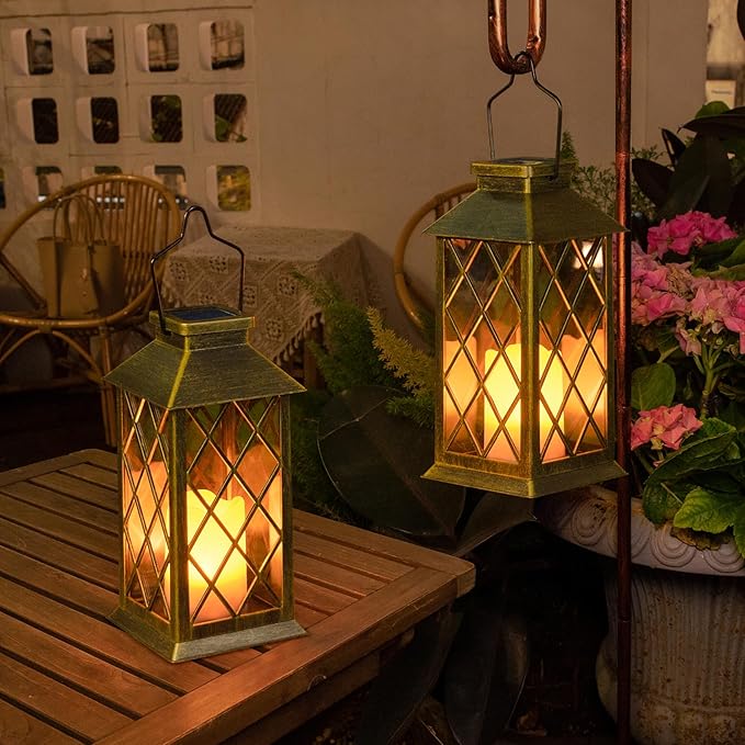 2Pack 11" Outdoor Solar Lanterns Waterproof Garden Patio Lantern Lights Flickering Candle Mission for Outside, Party, Yard, Lawn, Mothers Day Gifts Garden Gifts for Mom Women (Antique Green Bronze)