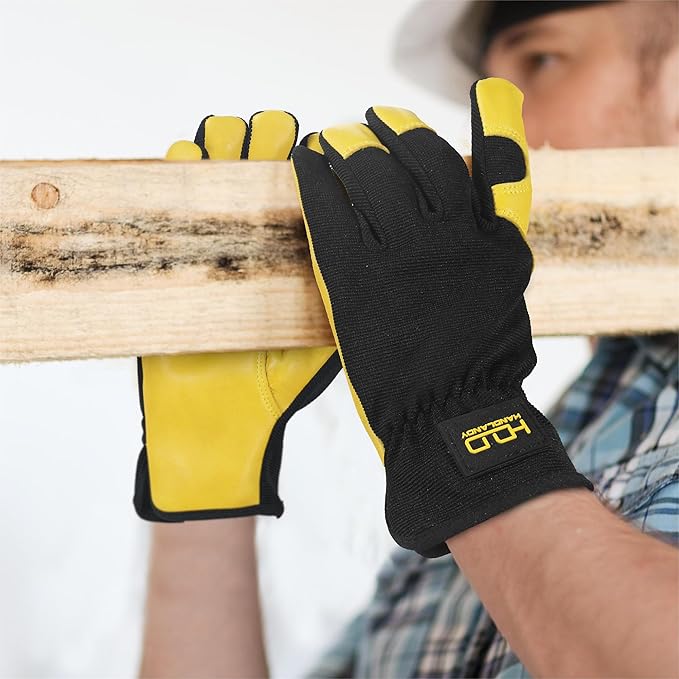 HANDLANDY Leather Work Gloves for Men & Women, Reinforced Durable Garden Gloves, Cowhide Working Glove for Gardening