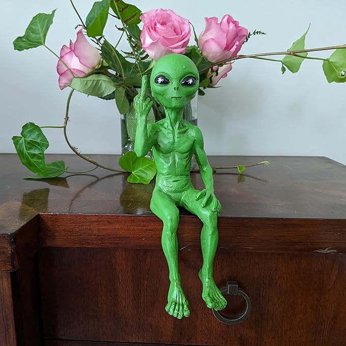 John Bernard & Company Rude Alien Statue “Flipping The Bird” 10″ H Shelf Sitter Extraterrestrial Figurine Funny Home or Garden Decoration (Cosmic Green)…