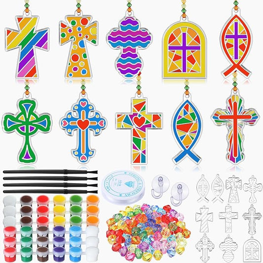 30 Sets Cross Suncatchers Window Art Kits, Christian DIY Sun Catchers Bulk Religious Crafts Paint Your Own Cross Window Ornaments for Boys Girls VBS Sunday School Classroom Home Party Decor