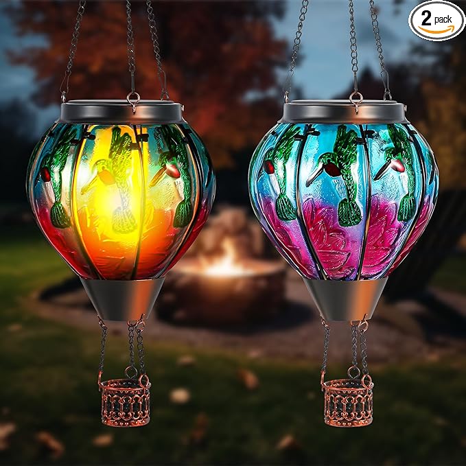 2 Pcs 20Inch Hummingbird Hot Air Balloon Hanging Solar Lantern Outdoor Garden Decor Waterproof Hot Air Balloon Flame Lantern for Lawn Porch Yard
