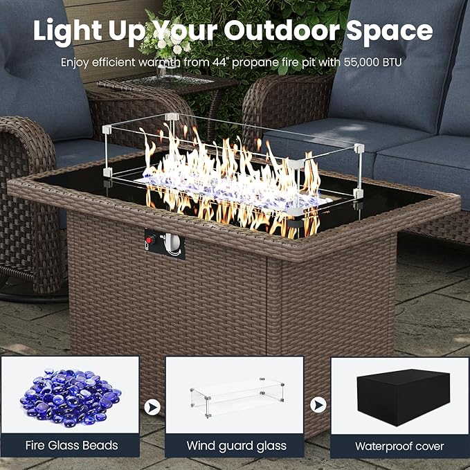 8 Pieces Outdoor Patio Furniture Sets with Rocking Swivel Chairs with 6-inch Thick Cushion and Fire Pit Table for Deck Lawn