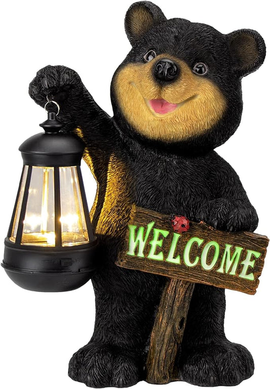 Juegoal Garden Bear Statue with Solar LED Lantern, Luminous Welcome Sign, Gifts for Mom Yard Art, Whimsical Figurine Large Sculpture Lighted Outdoor Mother's Day Spring Decorations for Lawn, Porch