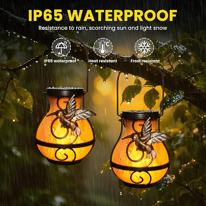 Solar Lights Outdoor Decorative, Hummingbird Flickering Flame Lantern Waterproof, Garden Decor Hanging Lights for Outside Patio Pathway Yard, Christmas Birthday Gifts, 2 Pack