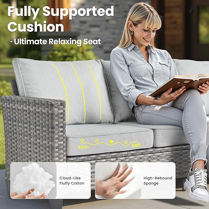 ovios 8 Pieces Patio Furniture Set with 30" Fire Pit Table, Outdoor Wicker Sofa with Comfy Cushions, All Weather High Back Rattan Couch Conversation Set, Grey
