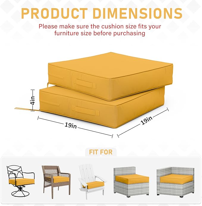 Patio Chair Cushions 19 X 19 X 4 Inch Waterproof Outdoor Seat Cushions for Patio Furniture, Outdoor Sofa Couch Pads with Ties & Handle, Set of 2, Yellow